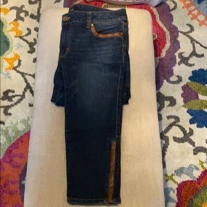 Camel leather accent slim jeans